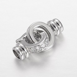 Platinum Brass Micro Pave Cubic Zirconia Interlocking Clasps, Cadmium Free & Lead Free, Platinum, 23x11x6mm, Hole: 4mm