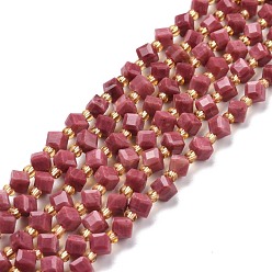 Rhodonite Natural Rhodonite Beads Strands, with Seed Beads, Faceted, Diagonal Cube Beads, 5~6x5~6x4~5mm, Hole: 1mm, about 49~55pcs/strand, 15.35''~15.75''(39~40cm)