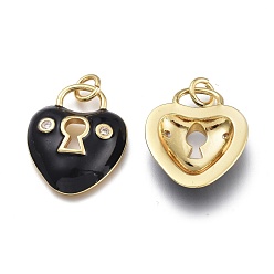 Black Brass Micro Pave Clear Cubic Zirconia Pendants, with Enamel and Jump Rings, Heart Lock, Real 18K Gold Plated, Black, 19x16x4mm, Hole: 3mm