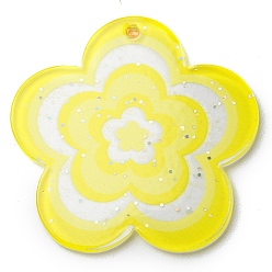 Jaune Pendentifs en acrylique avec poudre de paillettes, fleur, jaune, 30.5x31.5x1.8mm, Trou: 1.8mm
