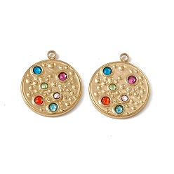 Real 18K Gold Plated Vacuum Plating 201 Stainless Steel Pendants, Colorful Rhinestone Flat Round Charms, Real 18K Gold Plated, 17.5x15.5x2mm, Hole: 1.5mm