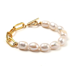 Golden Natural Baroque Pearl Keshi Pearl Beaded Bracelets, with Iron Paperclip Chains and 304 Stainless Steel Toggle Clasps, Golden, 7.28~7.68 inch(18.5~19.5cm)
