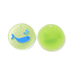 Light Green Acrylic Pendants, with Enamel and Glitter Powder, Flat Round with Dolphin Pattern, Light Green, 24x2mm, Hole: 1.5mm