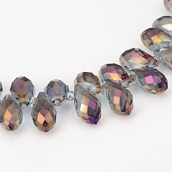 Purple Electroplate Glass Beads Strands, Top Drilled Beads, Faceted Teardrop, Full Rainbow Plated, Purple, 13x8mm, Hole: 0.8mm, about 98pcs/strand, 20 inch