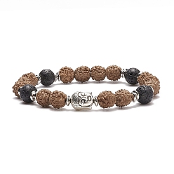 Chameau Bracelet de perles de mala, Bracelet extensible perlé tête de bouddha en bois de rudraksha naturel et roche de lave pour hommes femmes, chameau, diamètre intérieur: 2-1/8 pouce (5.4 cm)