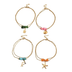 Mixed Shapes Dyed Natural Shell Chips Charms Anklet, Golden 304 Stainless Steel Chains Double Layer Anklet, Mixed Shapes, 8-7/8 inch(22.5cm)