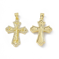 Real 18K Gold Plated Rack Plating Eco-friendly Brass Charms, Micro Pave Clear Cubic Zirconia, Long-Lasting Plated, Lead Free & Cadmium Free, Religion Crucifix Cross Charm, Real 18K Gold Plated, 20x21x4mm, Hole: 4x3mm
