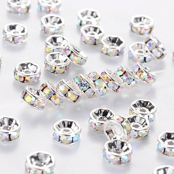 Clear AB Rhinestone Spacer Beads, Copper, Grade A, AB Color, Silver Color Plated, Clear AB, 6mm