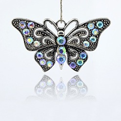 Crystal AB Vintage Butterfly Pendant Necklace Findings, Alloy Rhinestone Pendants, Antique Silver, Crystal AB, 37x67x7mm, Hole: 4mm