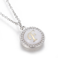 Letter F Brass Initial Pendant Necklaces, with Shell, Cubic Zirconia and 304 Stainless Steel Cable Chains, Flat Round with Letter, Letter.F, 17.5 inch(44.5cm), 1.5mm