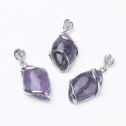 Amethyst Natural Amethyst Pendants, with Brass Findings, Horse Eye, Platinum, 38x17x7mm, Hole: 3x4mm