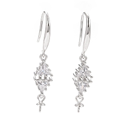 Platinum Rhodium Plated 925 Sterling Silver Earring Hooks, with Clear Cubic Zirconia, Rhombus, for Half Drilled Beads, Platinum, 34mm, 21 Gauge, Pin: 0.7mm and 0.6mm, Tray: 6x3mm