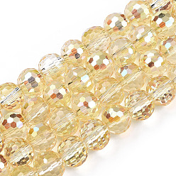 Pale Goldenrod Transparent Electroplate Glass Bead Strands, AB Color Plated, Faceted(96 Facets), Round, Pale Goldenrod, 8mm, Hole: 1.4mm, about 70pcs/strand, 19.88 inch~20.67 inch(50.5~52.5cm)