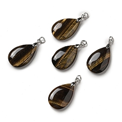 Tiger Eye Natural Tiger Eye Pendants, Teardrop Charms, with Platinum Plated Brass Snap on Bails, Lead Free & Cadmium Free, 28~29x18~18.5x6~7mm, Hole: 3mm