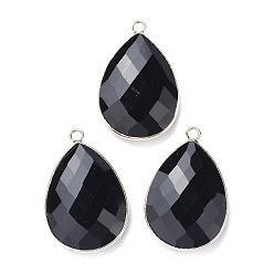 Obsidian Faceted Natural Black Obsidian Pendants, with Light Gold Plated Brass Edge and Loop, Teardrop, 28.5~29.5x19~20x7mm, Hole: 1.2mm