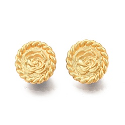 Matte Gold Color Flat Round with Flower Pattern Brass Stud Earring Findings, with Vertical Loops, Nickel Free, Matte Gold Color, 18mm, Hole: 1.6mm, Pin: 0.7mm