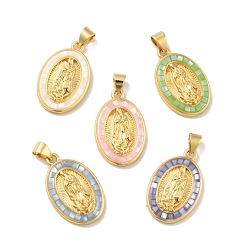 Mixed Color Brass Charms, with Shell, Cadmium Free & Lead Free, Long-Lasting Plated, Oval with Saint, Real 18K Gold Plated, Mixed Color, 22.5x14x3.5mm, Hole: 3.5x3mm