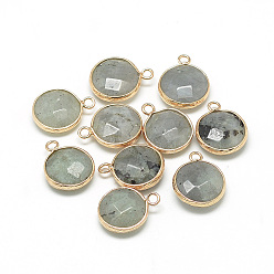Gray Natural Labradorite Pendants, with Brass Findings, Faceted, Flat Round, Golden, Gray, 19~21x15~16x6~7mm, Hole: 2mm