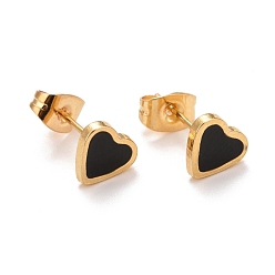 Black 304 Stainless Steel Enamel Stud Earrings, with 316 Surgical Stainless Steel Pin, Golden, Heart, Black, 7x7.5x2mm, Pin: 0.8mm