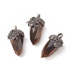 Tiger Eye Natural Tiger Eye Pendants, Faceted Acorn Charms, with Antique Silver Tone Brass Spider Findings, 40.5~41x18.5x21~24mm, Hole: 5.5x6mm