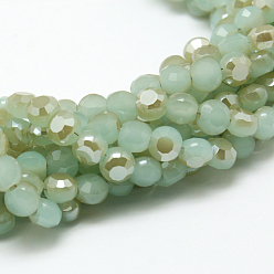 Light Sea Green Electroplate Glass Beads Strands, Half Plated, Imitation Jade, Faceted Flat Round, Light Sea Green, about 6mm in diameter, 4mmm thick, hole: 1mm