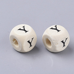 Letter Y Printed Natural Wood Beads, Horizontal Hole, Cube with Initial Letter, PapayaWhip, Letter.Y, 10x10x10mm, Hole: 3.5mm, about 1000pcs/500g