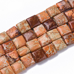 Orange Natural Imperial Jasper Beads Strands, Dyed, Flat Slice Square Beads, Orange, 10x10x4mm, Hole: 1mm, about 38~40pcs/Strand, 15.16 inch(38.5cm)