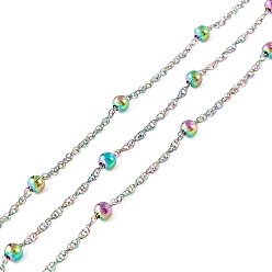 Rainbow Color 304 Stainless Steel Satellite Chains, Unwelded, with Spool, Rainbow Color, Beads: 4mm, Link: 3x1x1mm, about 32.81 Feet(10m)/roll