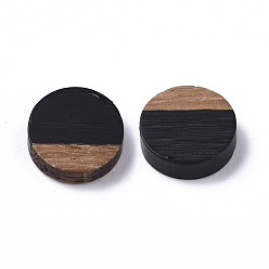 Black Resin & Wood Cabochons, Flat Round, Black, 10x2.5~4mm