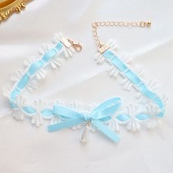 Cyan Cloth Bowknot Choker Necklaces, with Imitation Pearl Beads, Cyan, 11.81 inch(30cm)