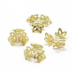 Golden Plated Iron Fancy Bead Caps, Flower, 3-Petal, Filigree, Golden, 8.5~12x10~14x4~6mm, Hole: 1.2mm