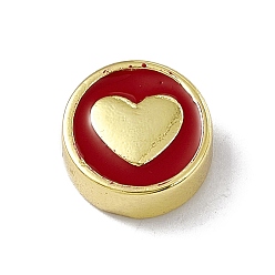 FireBrick Brass Enamel Beads, Long-Lasting Plated, Cadmium Free & Lead Free, Real 18K Gold Plated, Flat Round with Heart, FireBrick, 11x4.5mm, Hole: 1.8mm