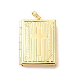Real 18K Gold Plated Eco-Friendly Rack Plating Brass Locket Pendants, Long-Lasting Plated, Lead Free & Cadmium Free, Rectangle with Cross Charm, Real 18K Gold Plated, 39x27.5x6mm, Hole: 4x6mm, Inner Diameter: 28.5x18.5mm