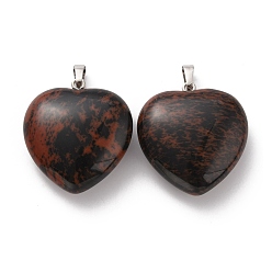 Obsidienne Acajou Acajou naturel pendentifs en obsidienne, charmes de coeur, avec placage à crémaillère en laiton ton platine sur bélières, 32~33x30~31x12~13mm, Trou: 5x8mm