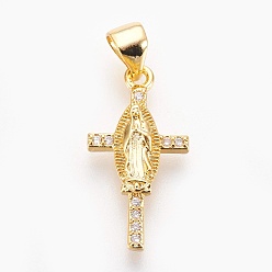 Real 18K Gold Plated Brass Micro Pave Cubic Zirconia Pendants, Lead Free & Cadmium Free & Nickel Free, Long-Lasting Plated, Cross with Virgin Mary, Clear, Real 18K Gold Plated, 20x10x3mm, Hole: 3x3.5mm