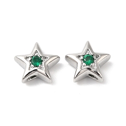 Green Brass with Cubic Zirconia Beads Beads, Real Platinum Plated, Star, Green, 7.5x8x3mm, Hole: 1mm