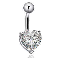Clear Platinum Plated Body Jewelry Heart Cubic Zirconia Brass Navel Ring Navel Ring Belly Rings, with 304 Stainless Steel Bar, Clear, 25x10mm, Bar Length: 3/8"(10mm), Bar: 14 Gauge(1.6mm)