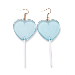 Небесно-голубой Прозрачные серьги-подвески в форме сердца для женщин, серьги-подвески конфетного цвета, золотые, голубой, 97~99 мм, штифты : 0.5 мм