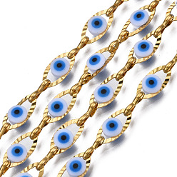 White Ion Plating(IP) 304 Stainless Steel Textured Oval Cable Chains, with Enamel Evil Eye Beads, with Spool, Unwelded, Real 18K Gold Plated, Nickel Free, White, 11x5.5x3mm, 7.5x3x1mm, about 32.81 Feet(10m)/Roll