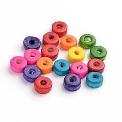 Mixed Color Natural Maple Wood Beads, Lead Free, Flat Round, Dyed, Mixed Color, 6x3mm, Hole: 2mm, about 14772pcs/1000g