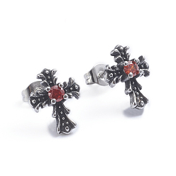 Antique Silver Retro 304 Stainless Steel Stud Earrings, with Cubic Zirconia and Ear Nuts, Cross, Red, Antique Silver, 13x10mm, Pin: 0.6mm