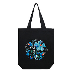 Deep Sky Blue DIY Flower Pattern Black Canvas Tote Bag Embroidery Kit, including Embroidery Needles & Thread, Cotton Fabric, Plastic Embroidery Hoop, Deep Sky Blue, 390x340x100mm