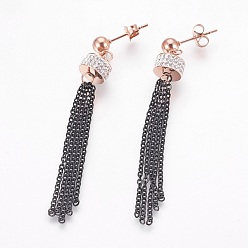 Gunmetal & Rose Gold 304 Stainless Steel Dangle Stud Earrings, with Polymer Clay Rhinestone and Cable Chains, Column and Tassel, Gunmetal & Rose Gold, 62mm