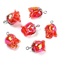 Red Opaque Resin Pendants, AB Color, Flower Charms with Platinum Tone Alloy Leaf, Red, 18.5x10x10mm, Hole: 1.4mm