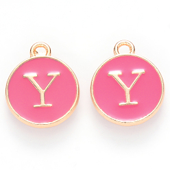 Letter Y Golden Plated Alloy Enamel Charms, Cadmium Free & Lead Free, Enamelled Sequins, Flat Round with Letter, Camellia, Letter.Y, 14x12x2mm, Hole: 1.5mm