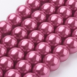 Medium Violet Red Eco-Friendly Glass Pearl Beads Strands, Grade A, Round, Dyed, Cotton Cord Threaded, Medium Violet Red, 8mm, Hole: 1.2~1.5mm, about 52pcs/strand, 15.7 inch