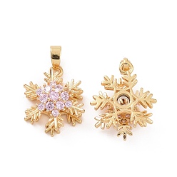 Pink Brass Micro Pave Cubic Zirconia Pendants, Real 18K Gold Plated, Snowflake Charm, Pink, 19x14x8mm, Hole: 5x2.5mm