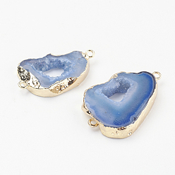 Blue Electroplate Natural Druzy Geode Quartz Crystal Links connectors, with Brass Findings, Nuggets, Golden, Blue, 22~45x10~35x4~5.5mm, Hole: 2mm