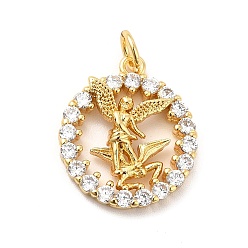 Real 18K Gold Plated Rack Plating Brass Micro Pave Cubic Zirconia Pendants, Flat Round with Fairy Charm, Long-Lasting Plated, with Jump Rings, Cadmium Free & Lead Free, Real 18K Gold Plated, 18.5x16x3.5mm, Hole: 3mm