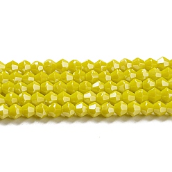 Yellow Opaque Solid Color Electroplate Glass Beads Strands, Pearl Luster Plated, Faceted, Bicone, Yellow, 4x4mm, Hole: 0.8mm, about 87~98pcs/strand, 12.76~14.61 inch(32.4~37.1cm)